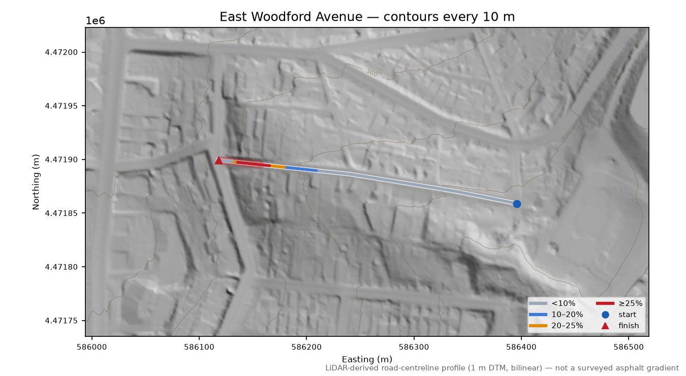 East Woodford Avenue LiDAR hillshade map with contours