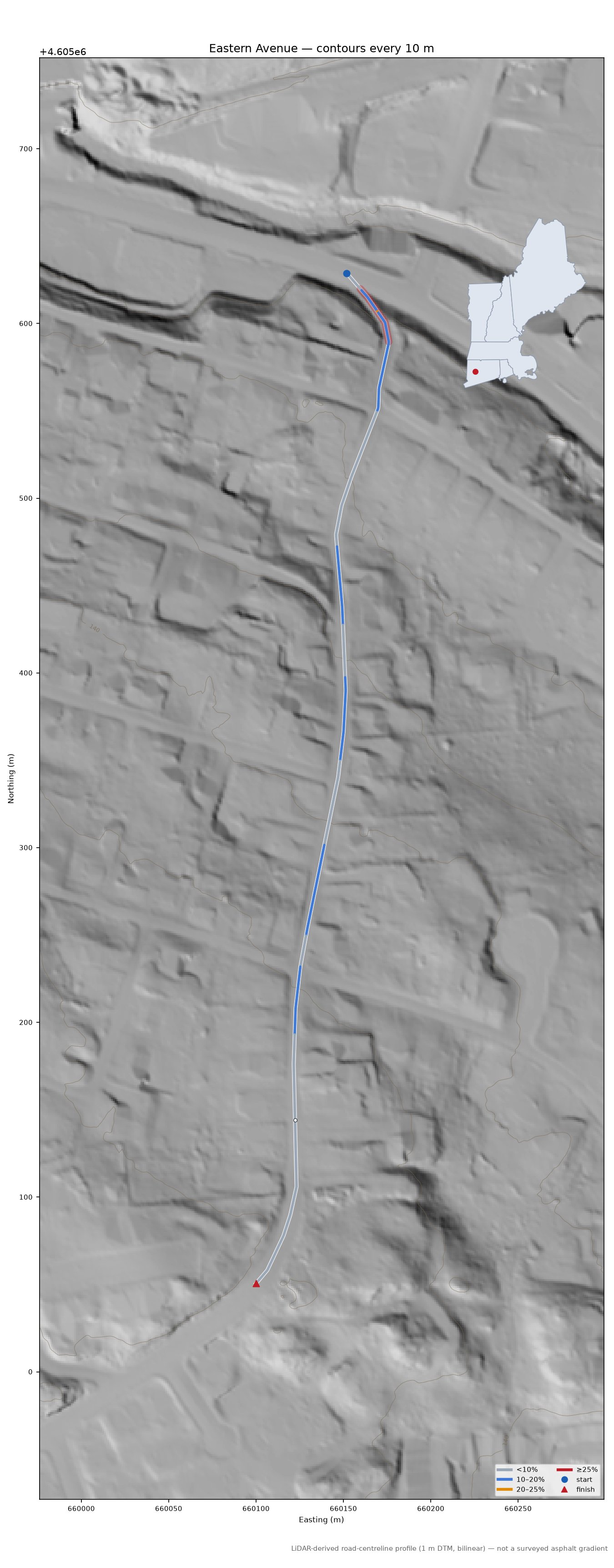 Eastern Avenue LiDAR hillshade map with contours