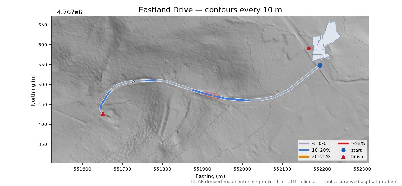Eastland Drive LiDAR hillshade map with contours