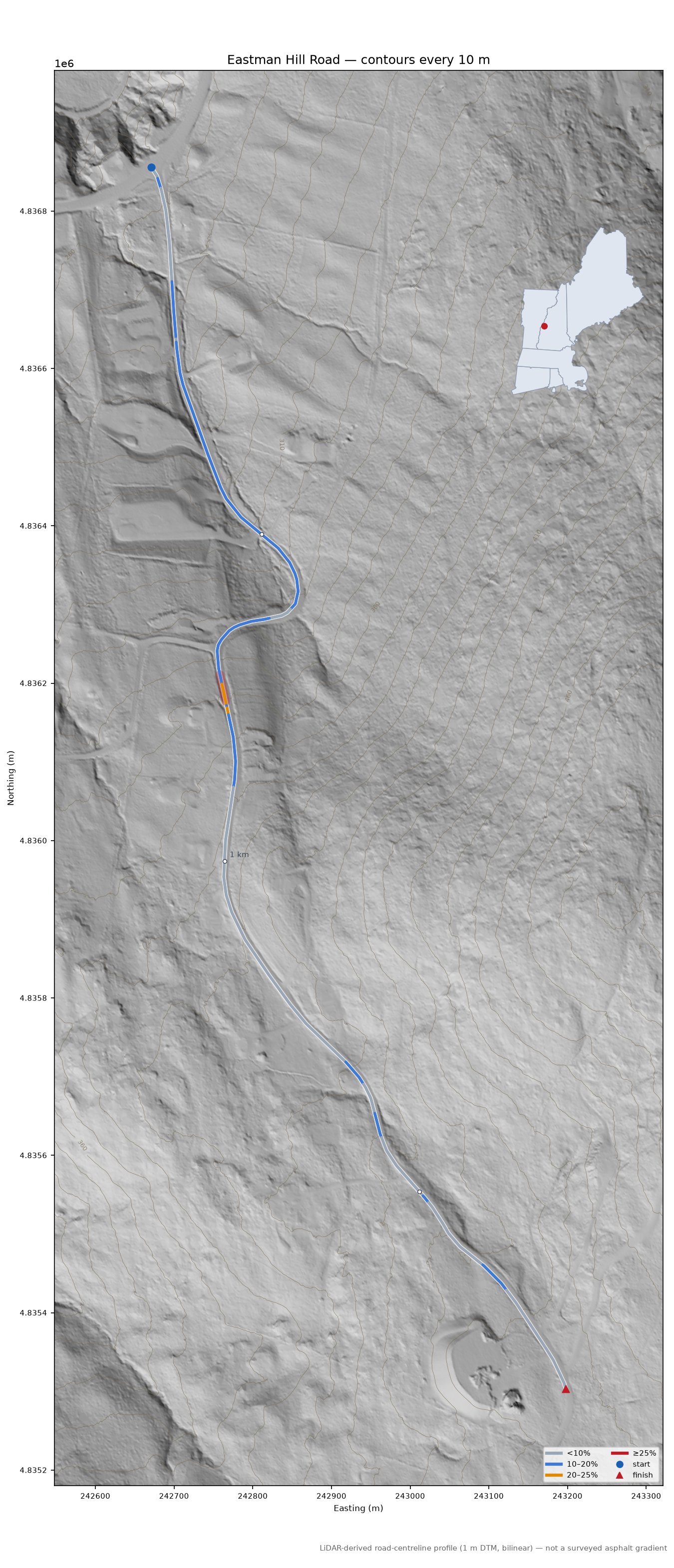 Eastman Hill Road LiDAR hillshade map with contours