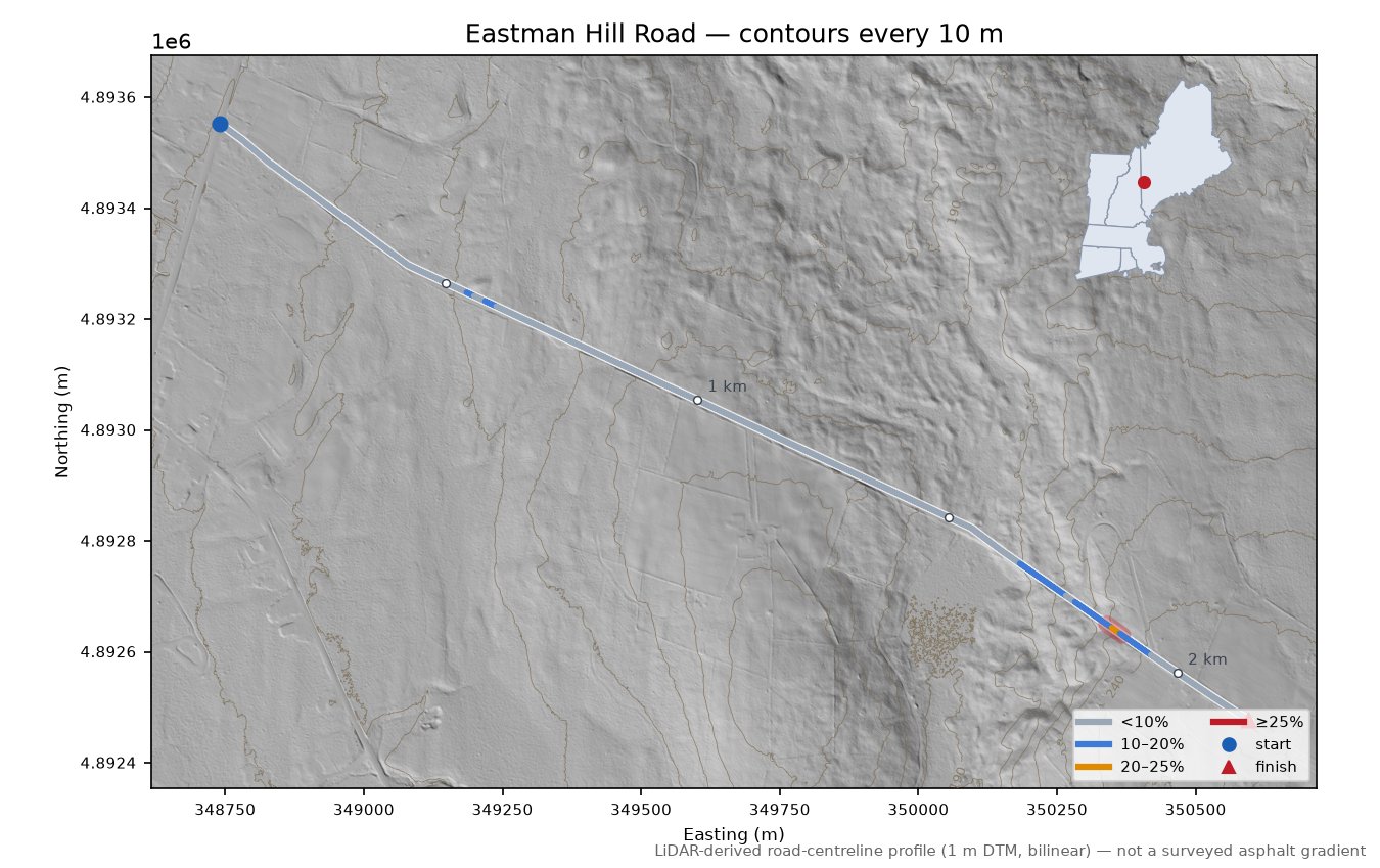Eastman Hill Road LiDAR hillshade map with contours