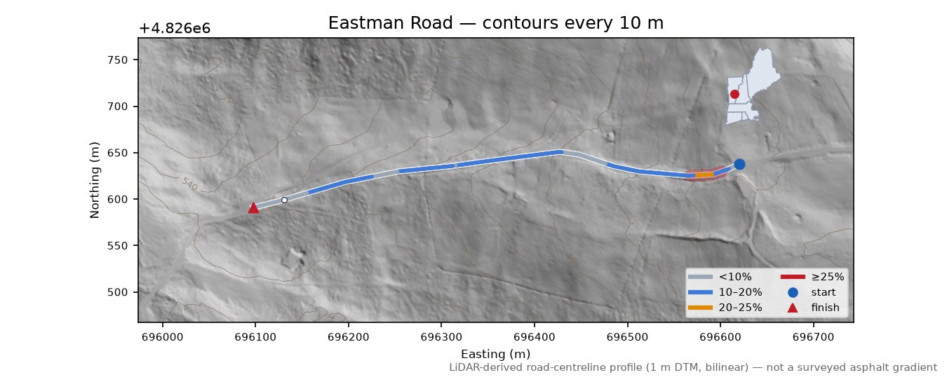 Eastman Road LiDAR hillshade map with contours