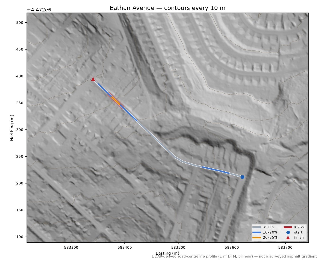 Eathan Avenue LiDAR hillshade map with contours