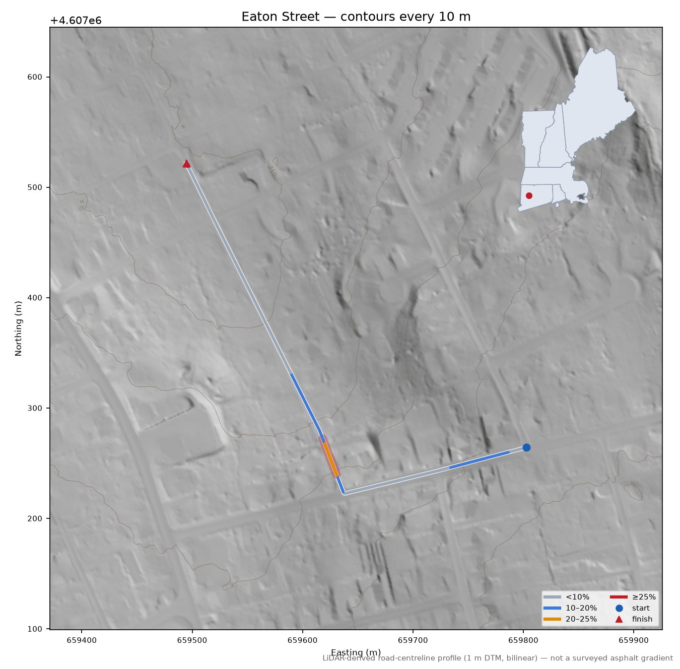 Eaton Street LiDAR hillshade map with contours