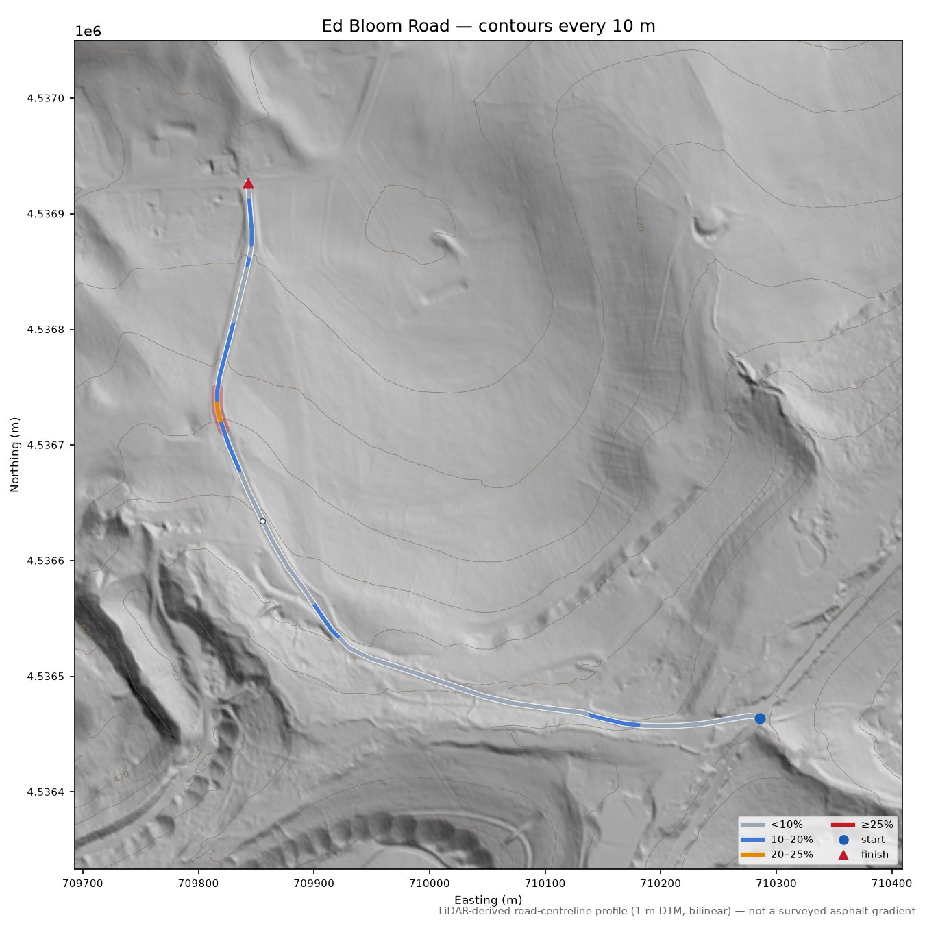 Ed Bloom Road LiDAR hillshade map with contours