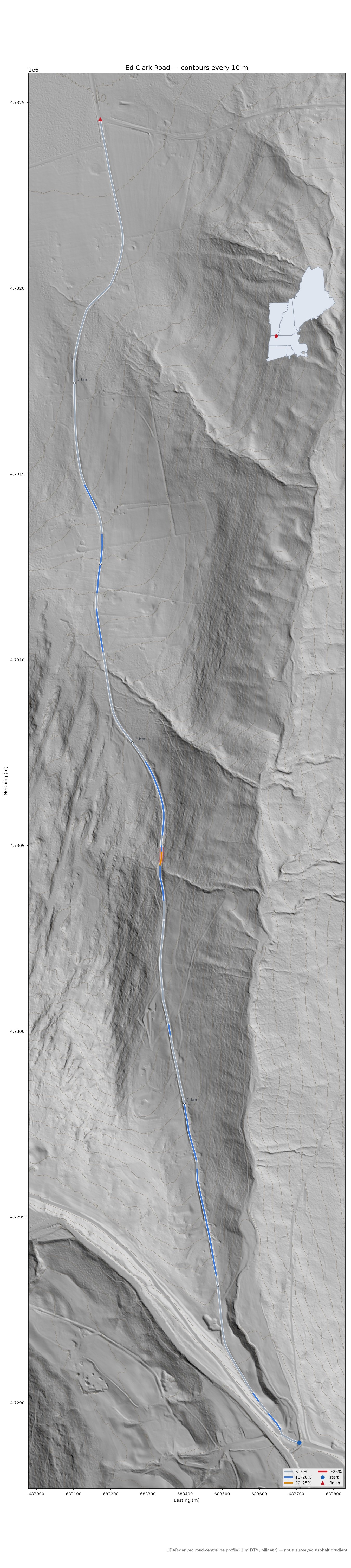 Ed Clark Road LiDAR hillshade map with contours