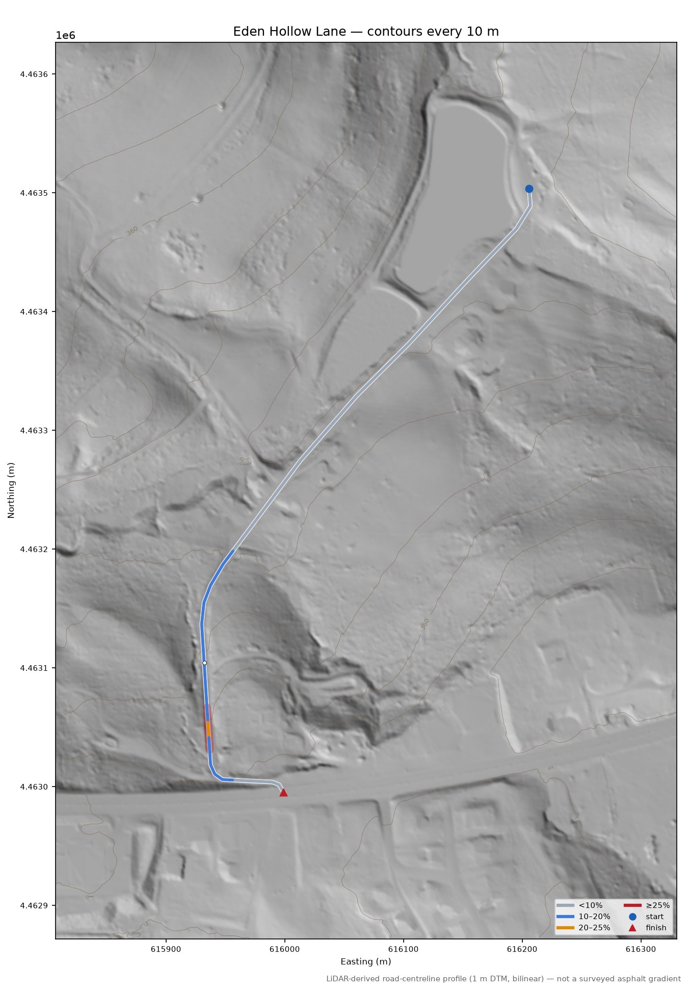 Eden Hollow Lane LiDAR hillshade map with contours