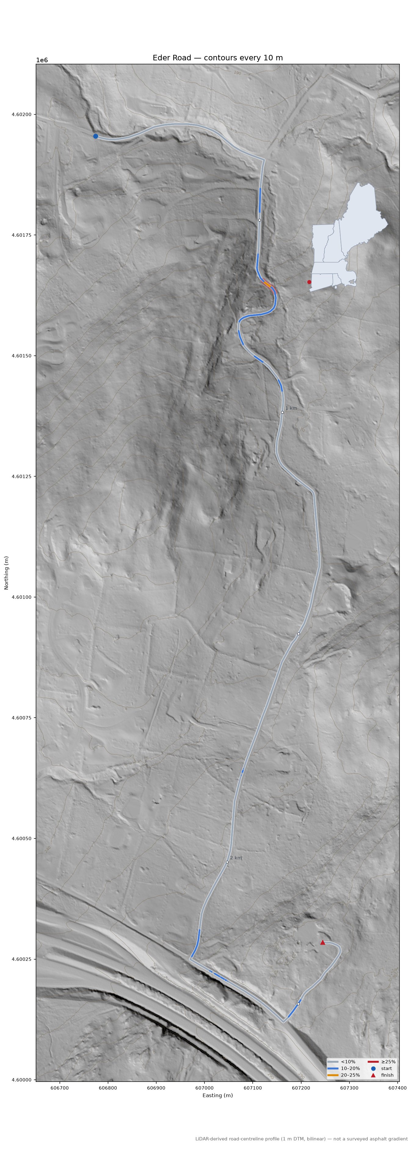 Eder Road LiDAR hillshade map with contours
