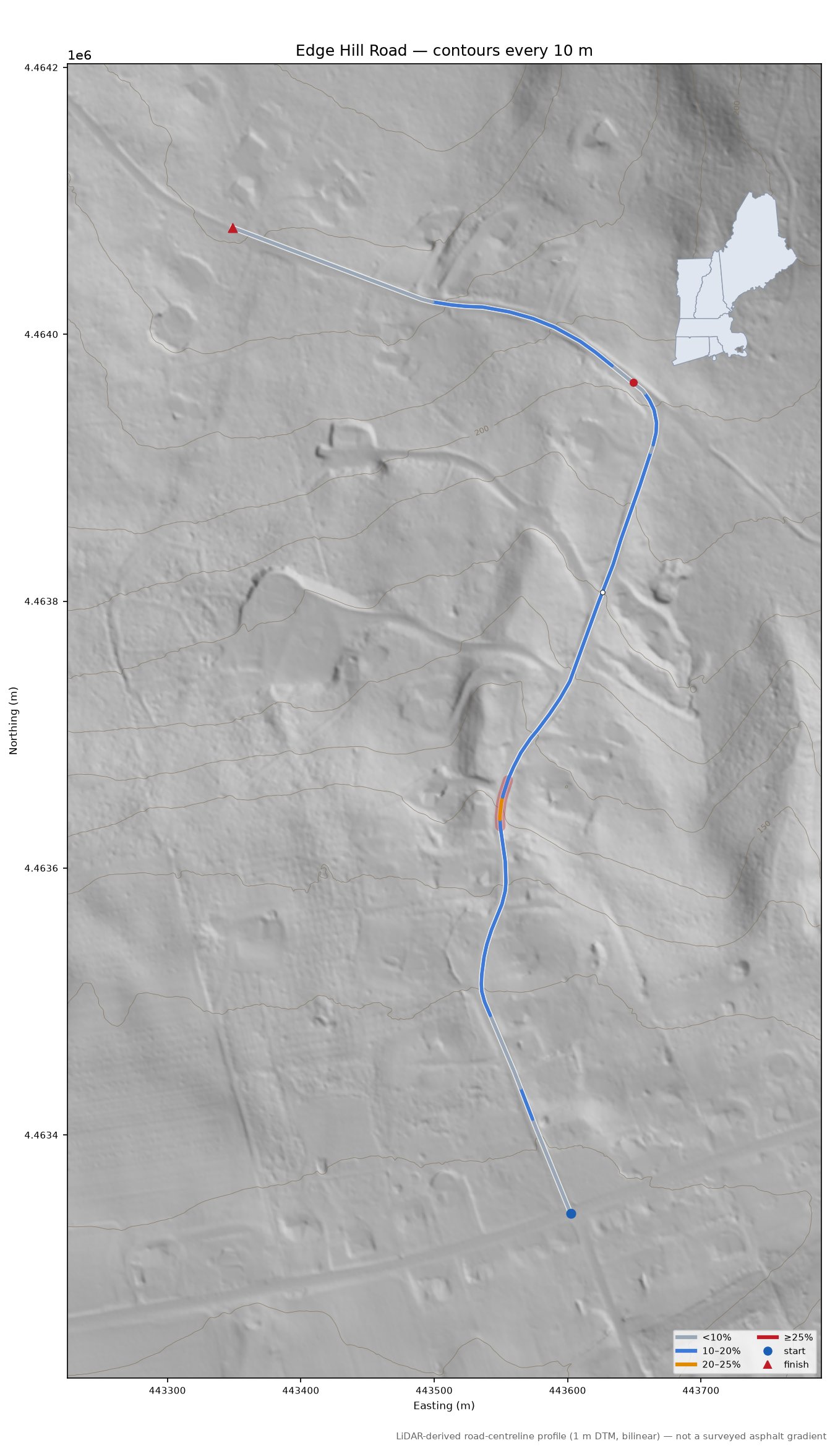 Edge Hill Road LiDAR hillshade map with contours
