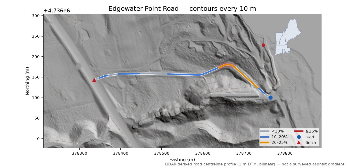 Edgewater Point Road LiDAR hillshade map with contours