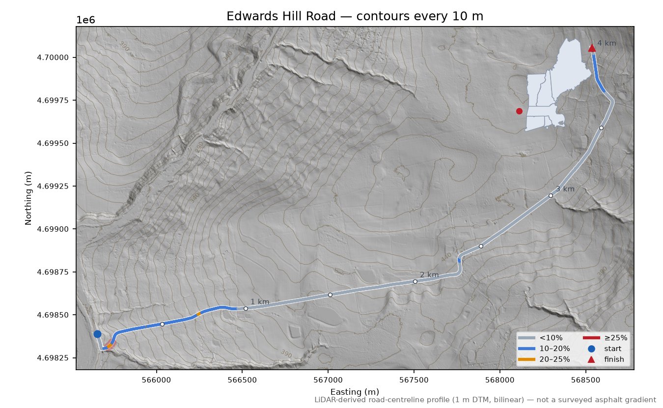 Edwards Hill Road LiDAR hillshade map with contours