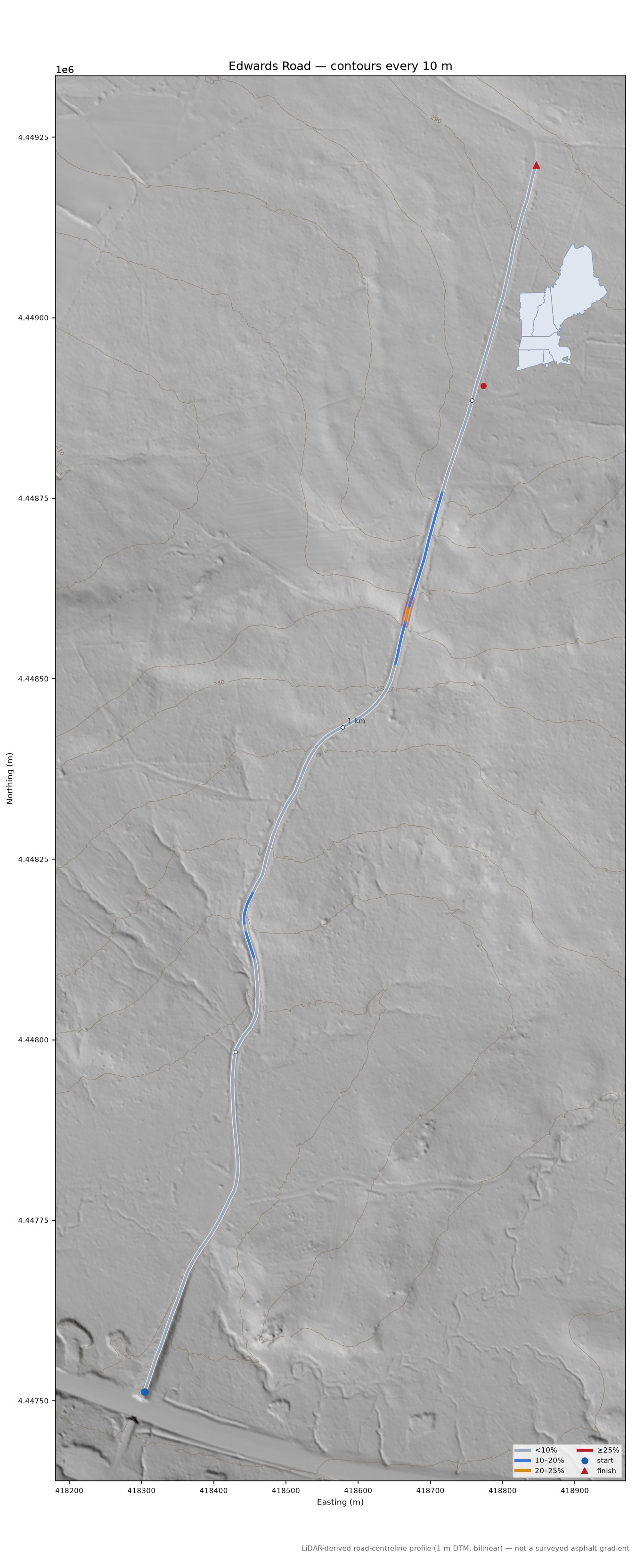Edwards Road LiDAR hillshade map with contours