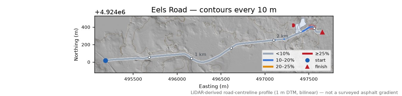 Eels Road LiDAR hillshade map with contours