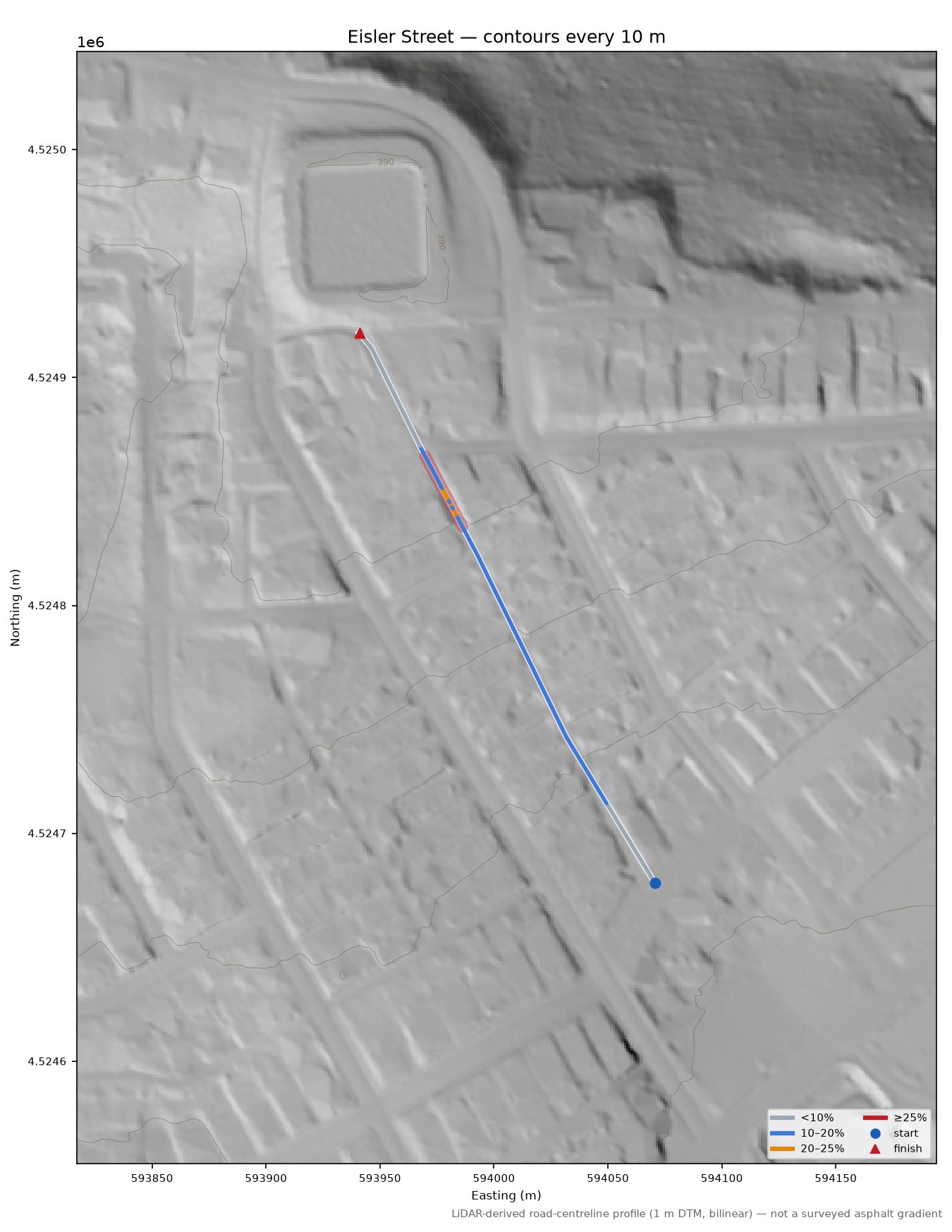 Eisler Street LiDAR hillshade map with contours