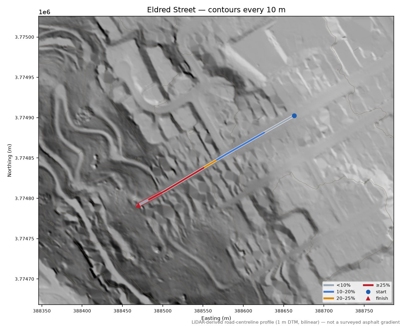 Eldred Street LiDAR hillshade map with contours