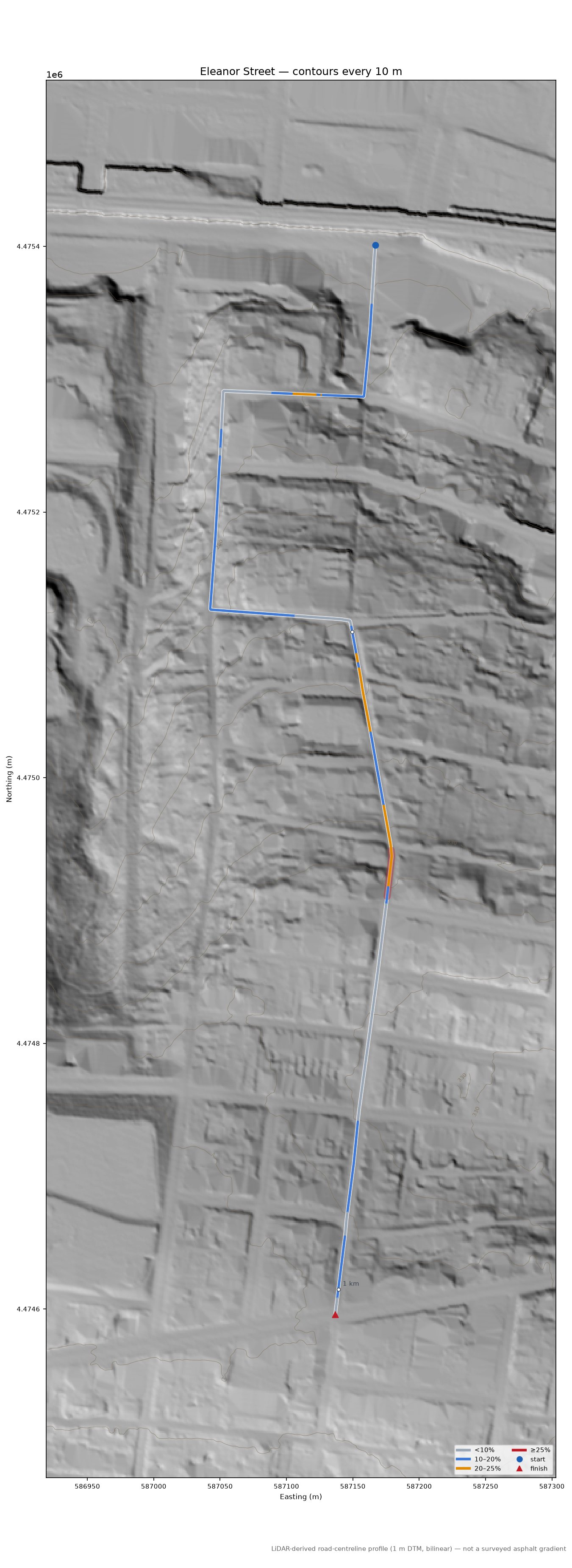 Eleanor Street LiDAR hillshade map with contours