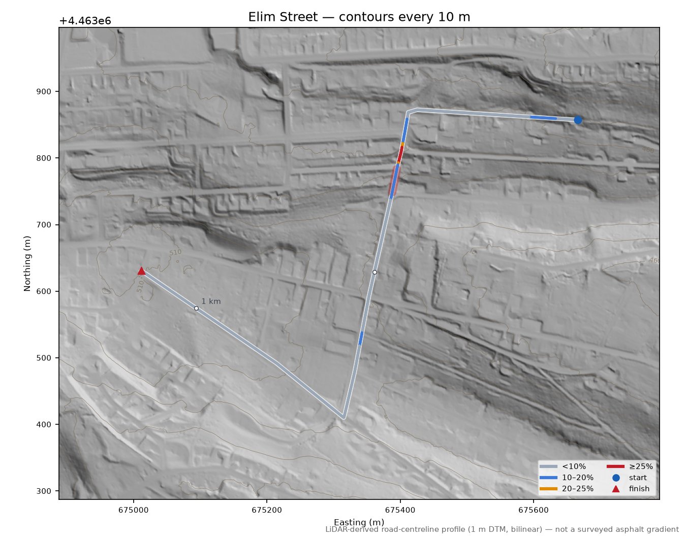 Elim Street LiDAR hillshade map with contours