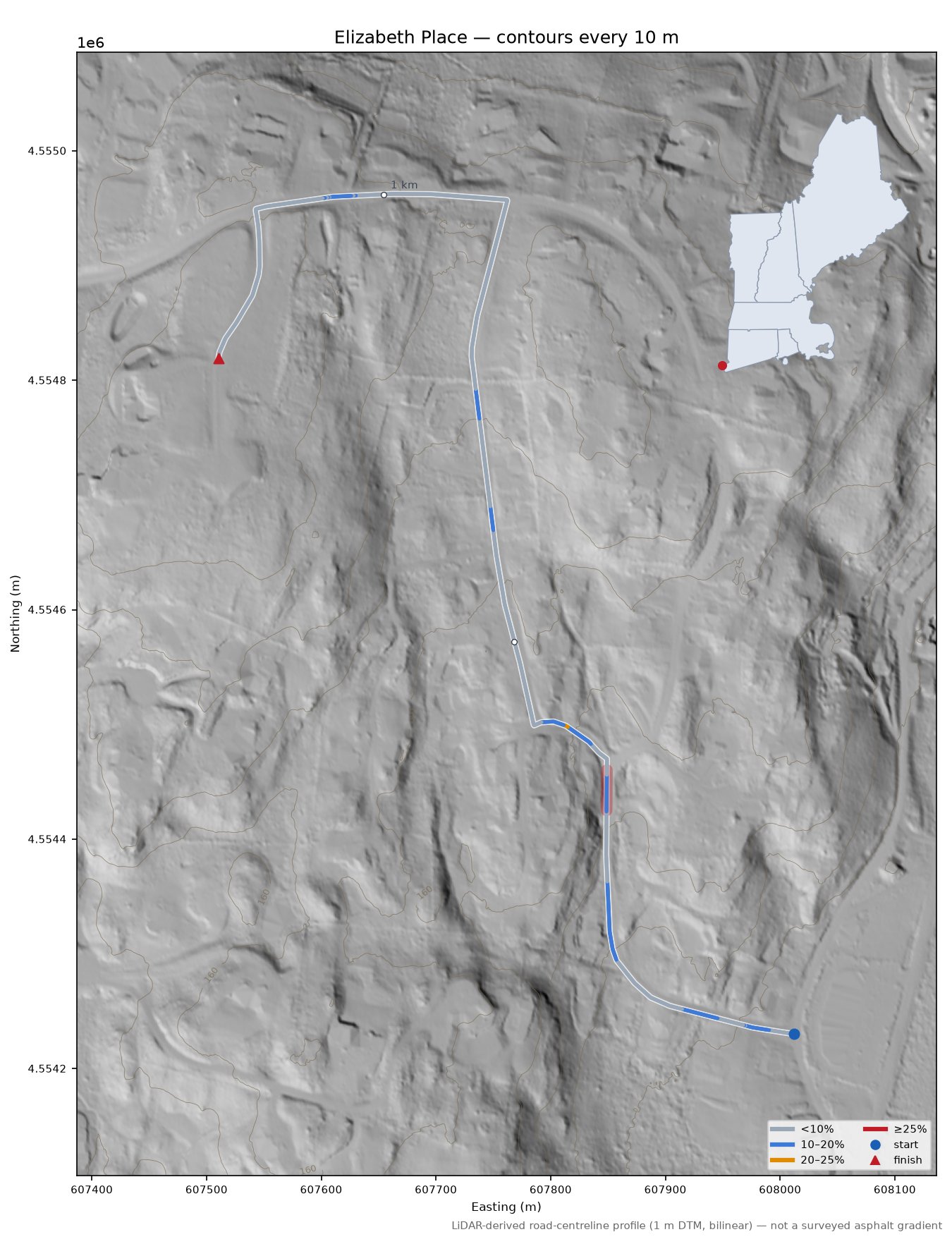 Elizabeth Place LiDAR hillshade map with contours