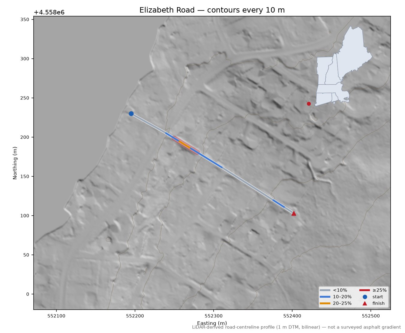 Elizabeth Road LiDAR hillshade map with contours