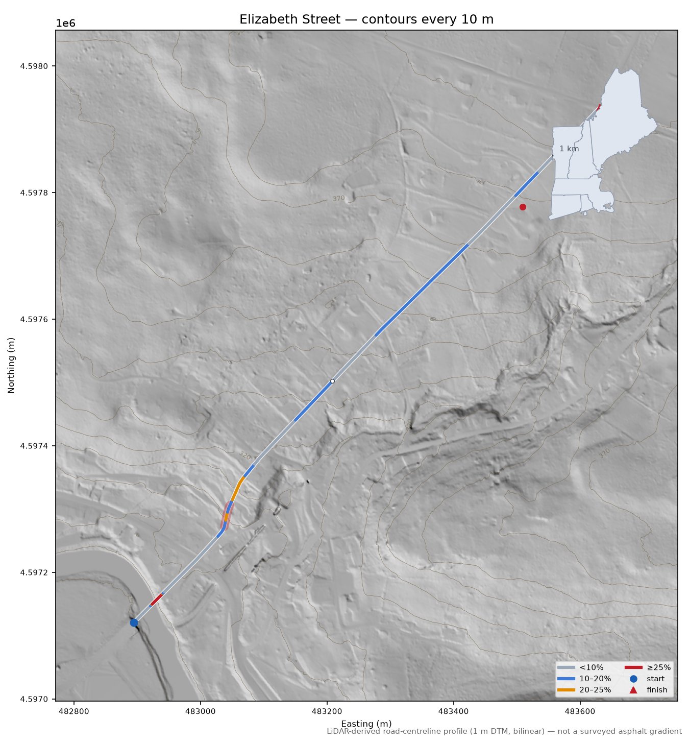 Elizabeth Street LiDAR hillshade map with contours
