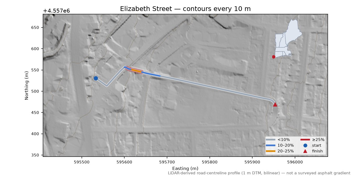 Elizabeth Street LiDAR hillshade map with contours