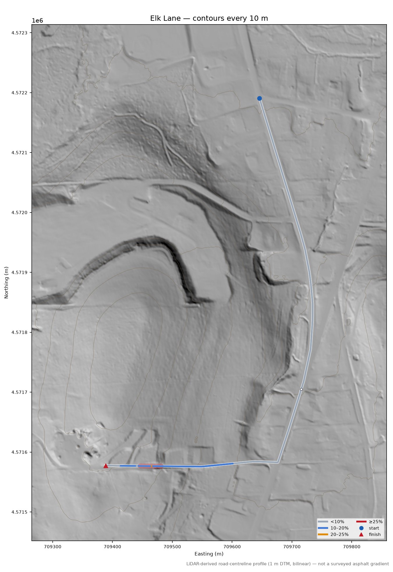 Elk Lane LiDAR hillshade map with contours