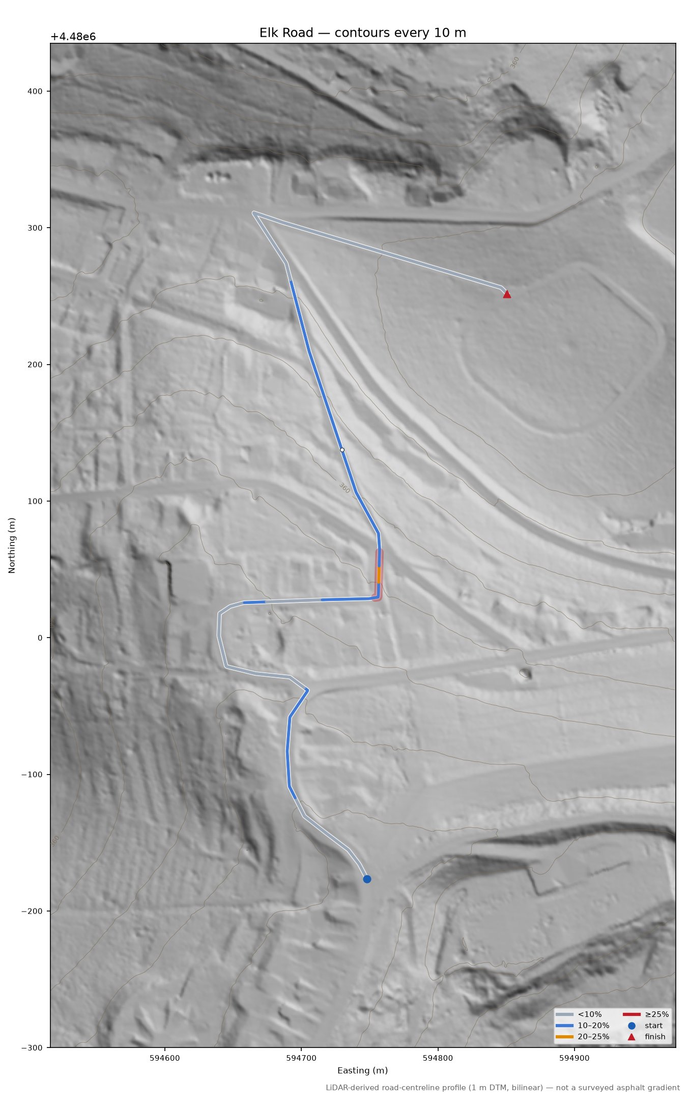 Elk Road LiDAR hillshade map with contours