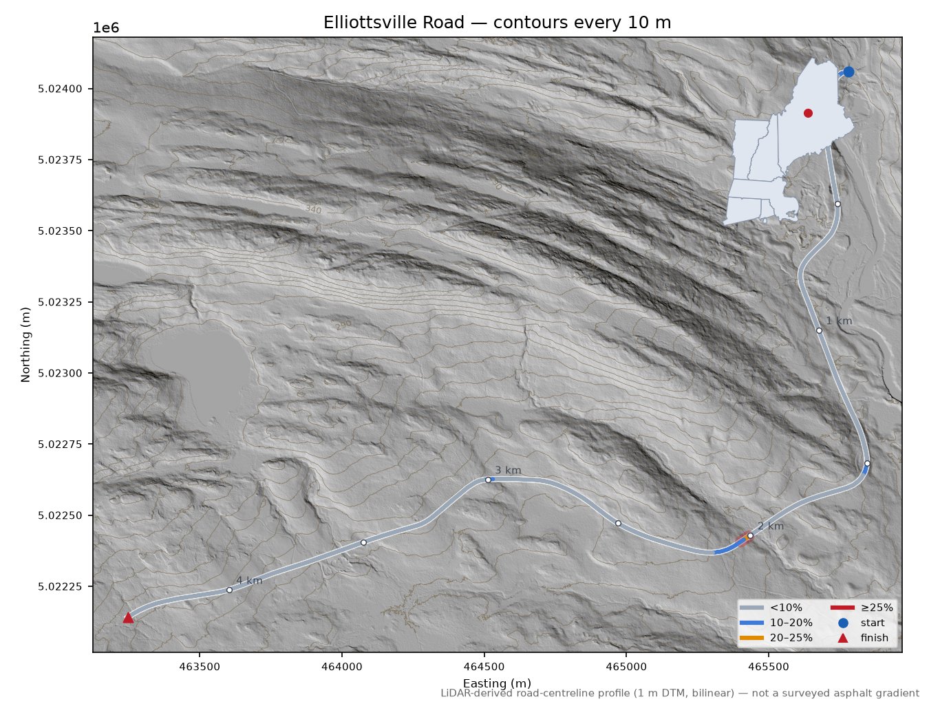 Elliottsville Road LiDAR hillshade map with contours