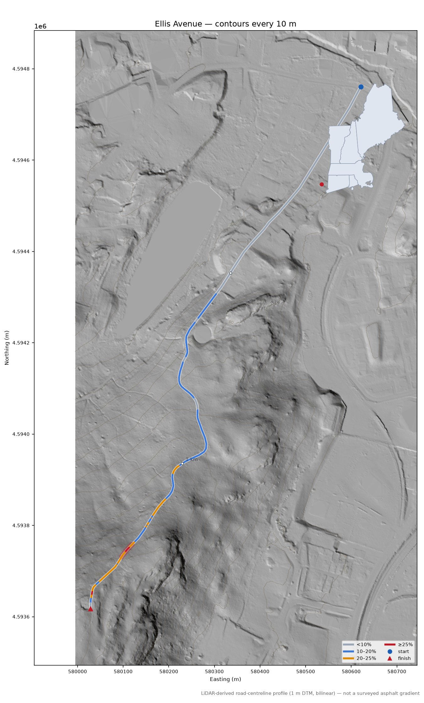 Ellis Avenue LiDAR hillshade map with contours