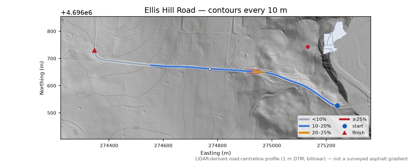 Ellis Hill Road LiDAR hillshade map with contours