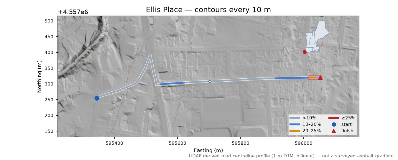 Ellis Place LiDAR hillshade map with contours