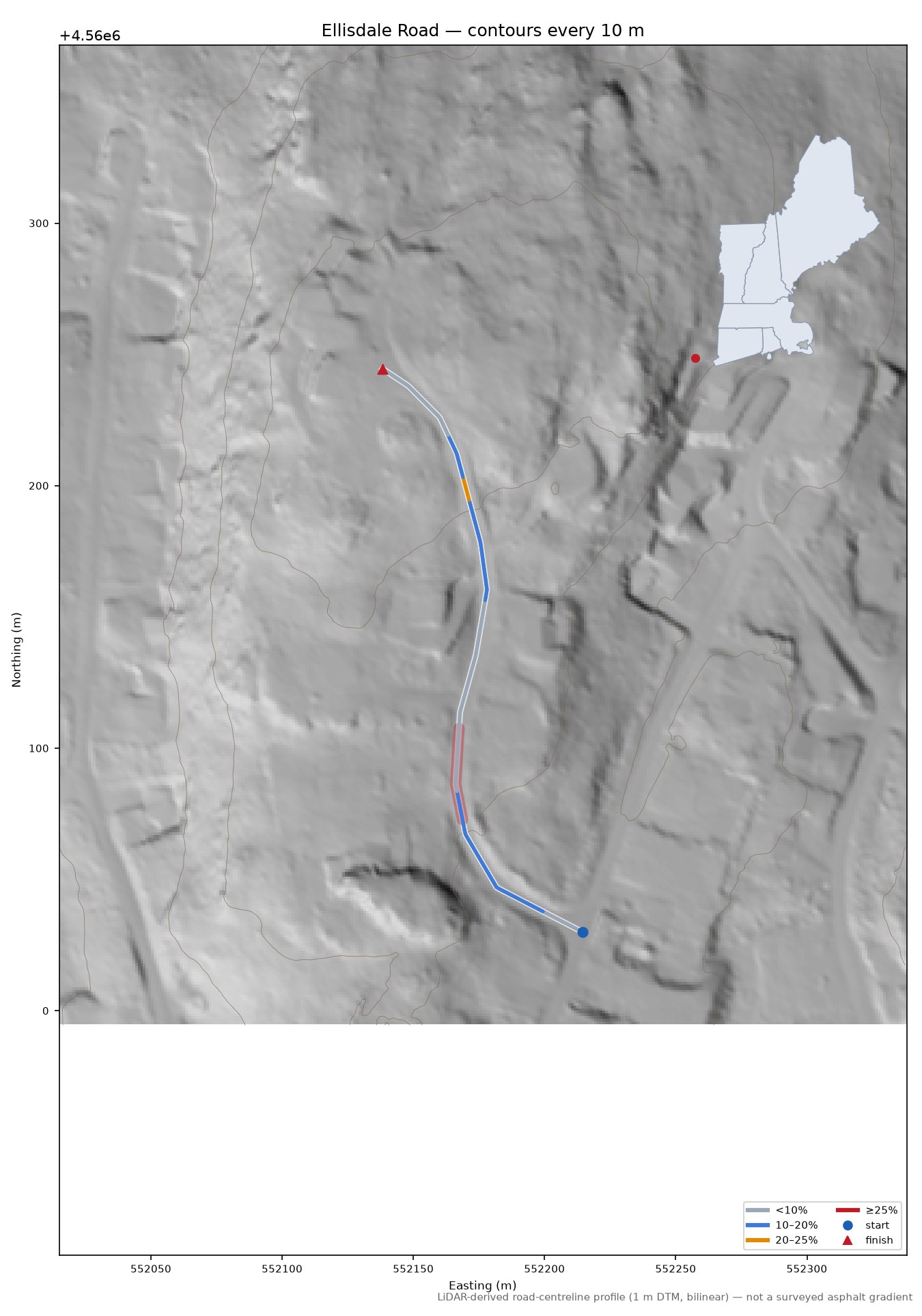 Ellisdale Road LiDAR hillshade map with contours