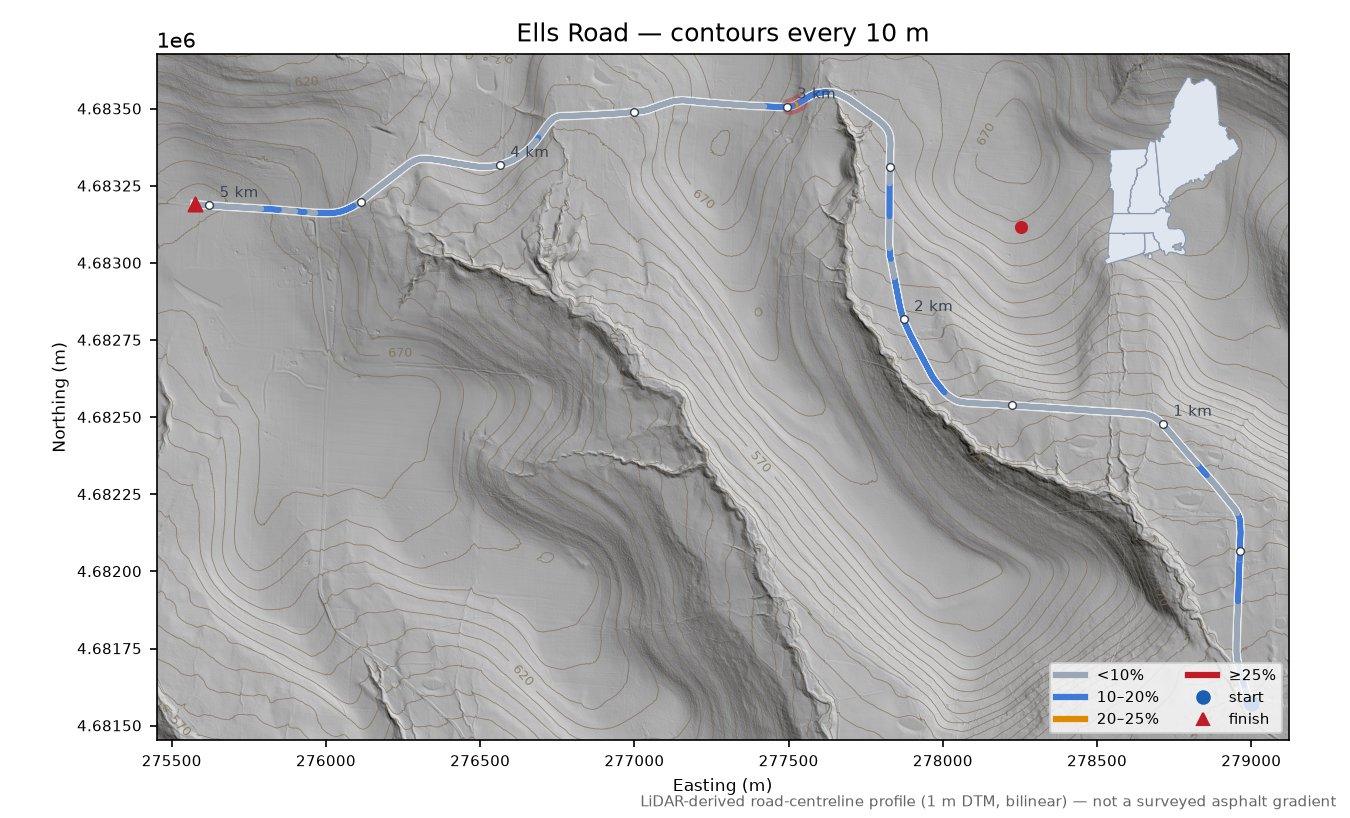 Ells Road LiDAR hillshade map with contours