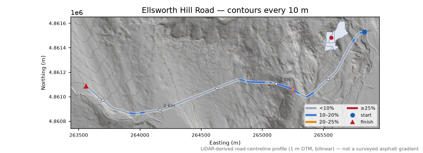 Ellsworth Hill Road LiDAR hillshade map with contours