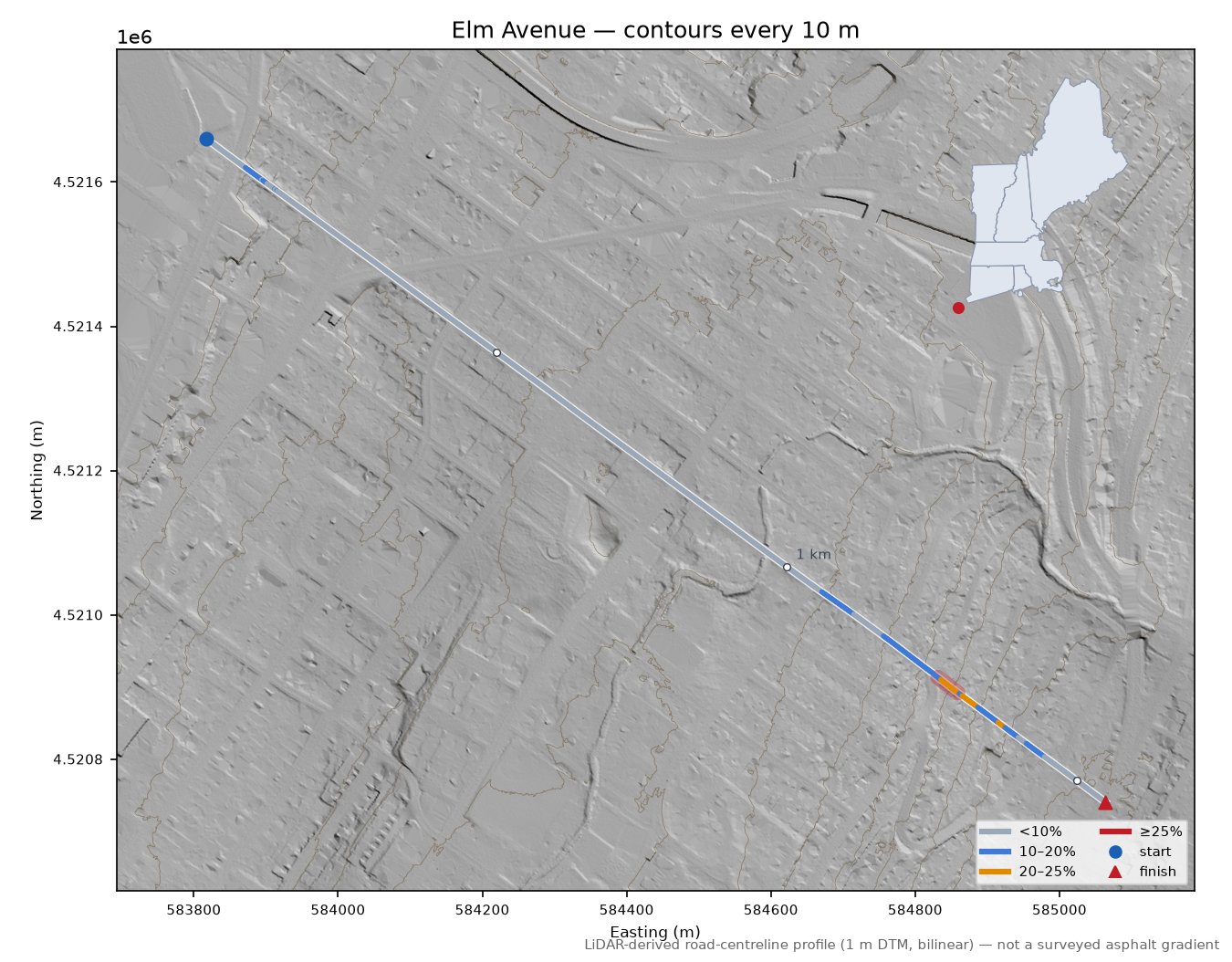 Elm Avenue LiDAR hillshade map with contours