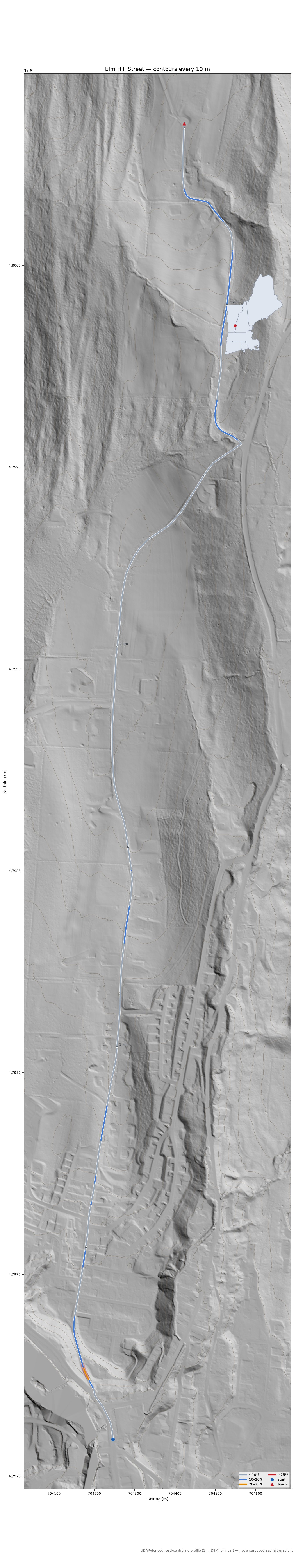 Elm Hill Street LiDAR hillshade map with contours