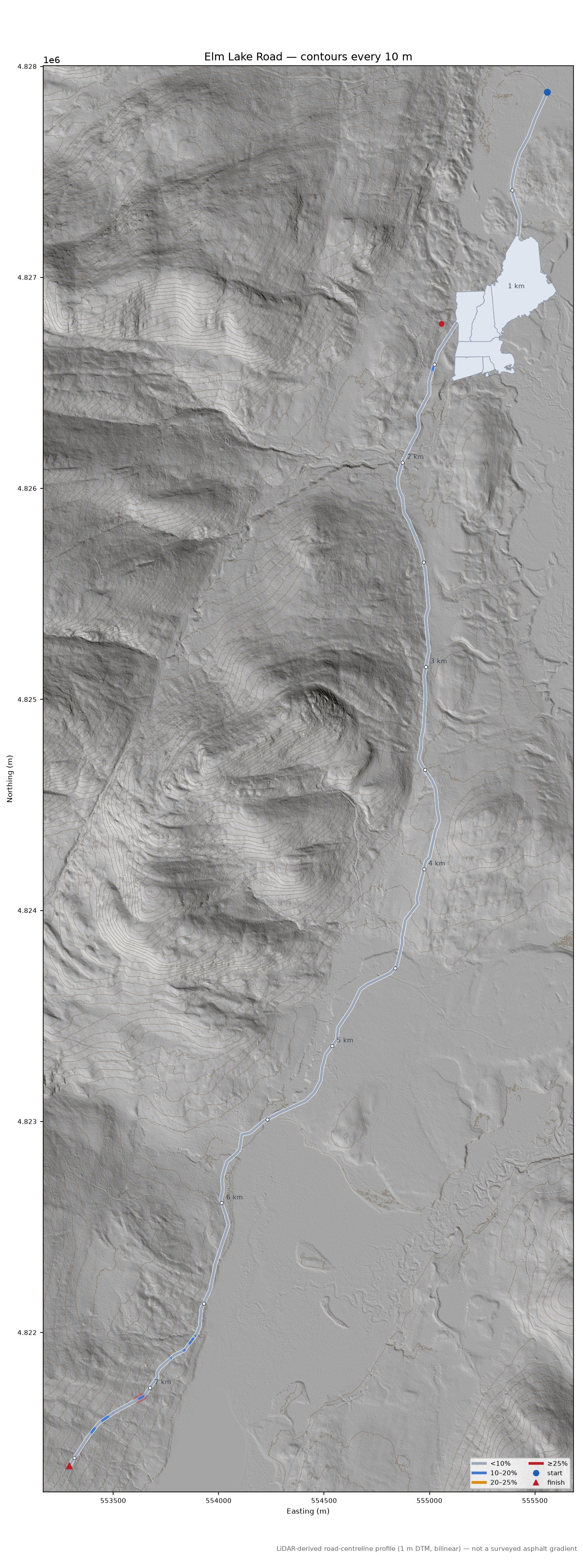 Elm Lake Road LiDAR hillshade map with contours