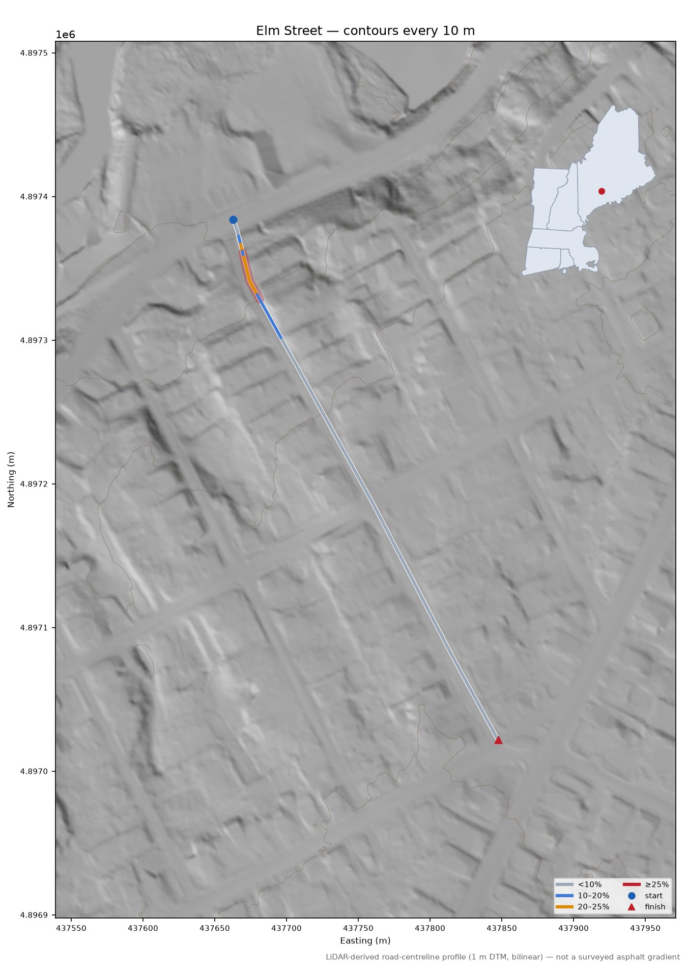 Elm Street LiDAR hillshade map with contours