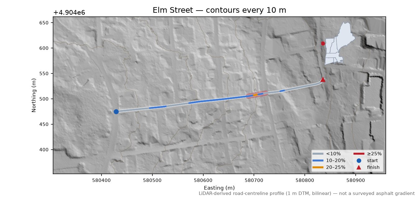 Elm Street LiDAR hillshade map with contours