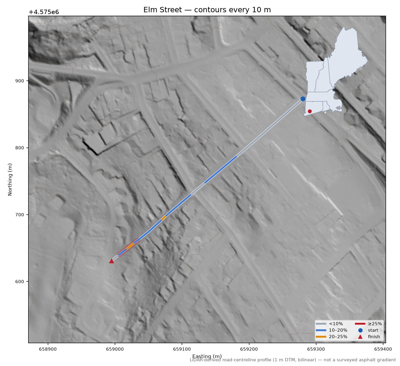 Elm Street LiDAR hillshade map with contours