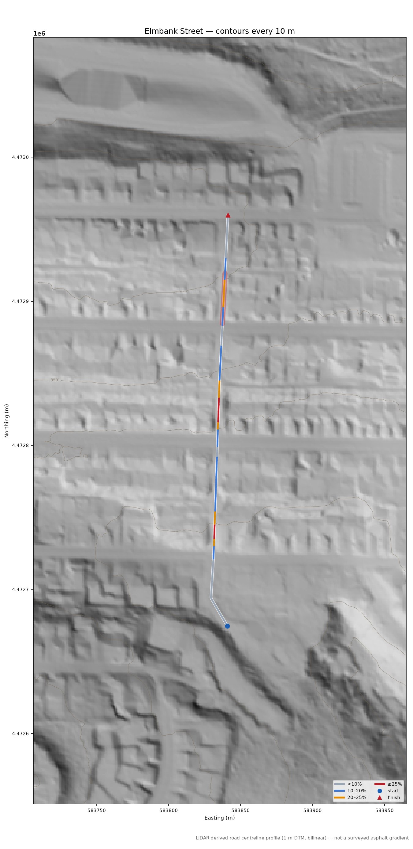 Elmbank Street LiDAR hillshade map with contours