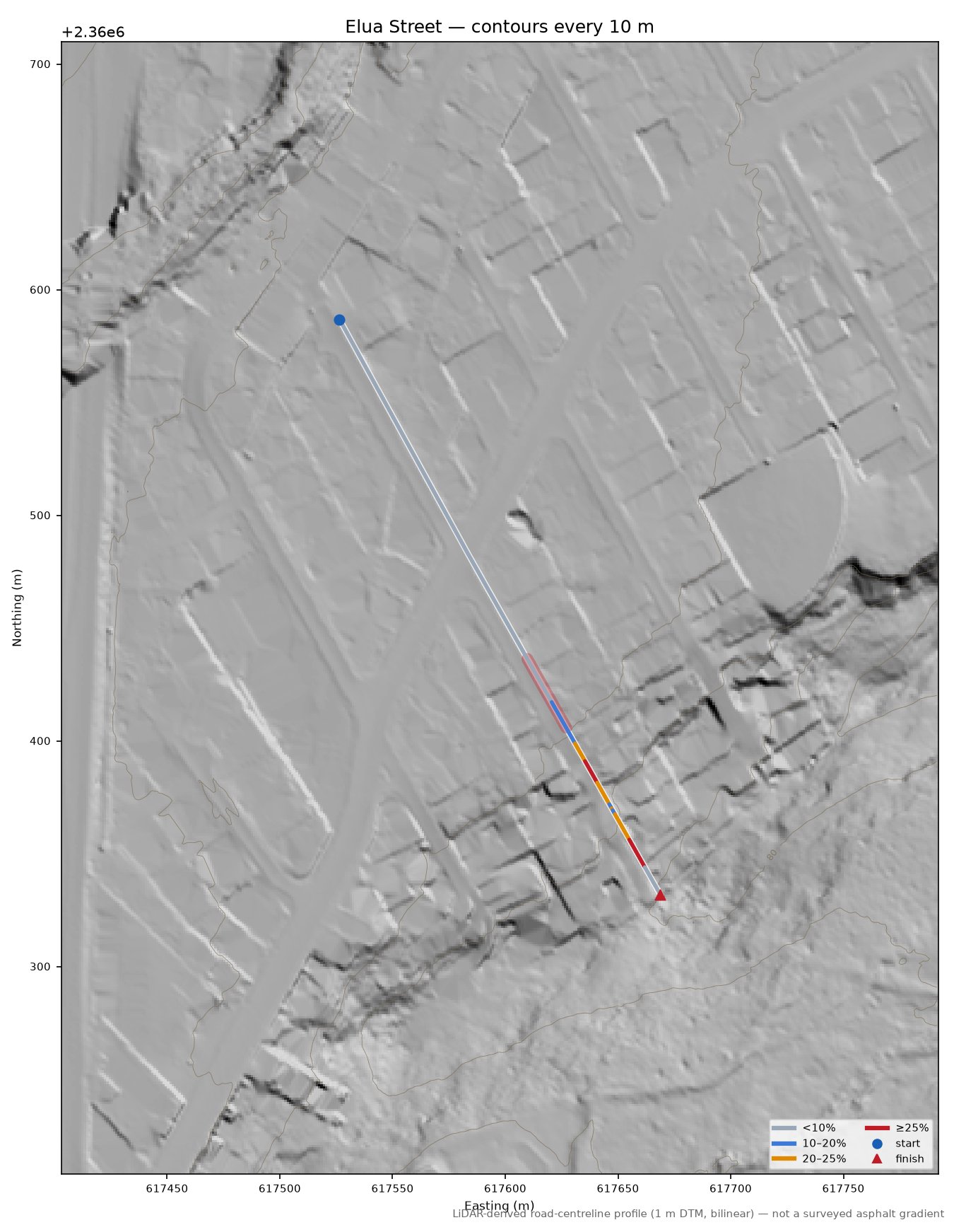 Elua Street LiDAR hillshade map with contours