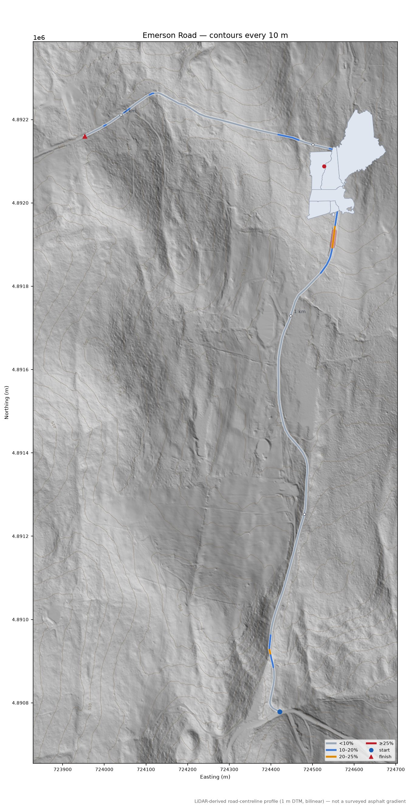 Emerson Road LiDAR hillshade map with contours