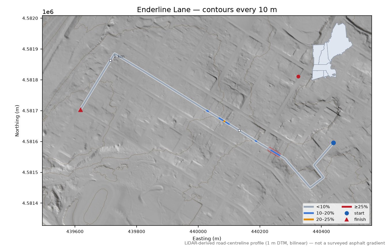 Enderline Lane LiDAR hillshade map with contours