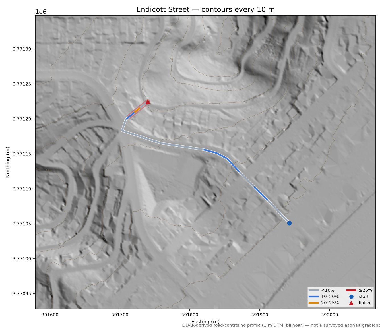 Endicott Street LiDAR hillshade map with contours