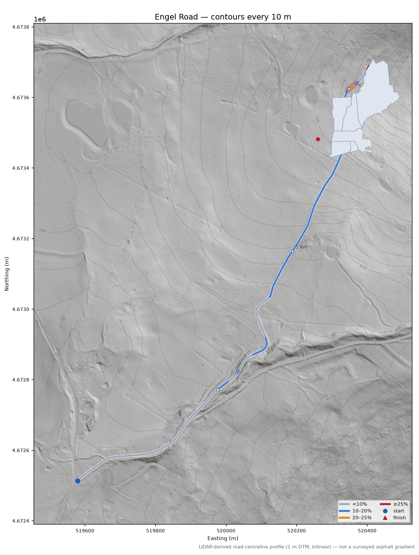Engel Road LiDAR hillshade map with contours