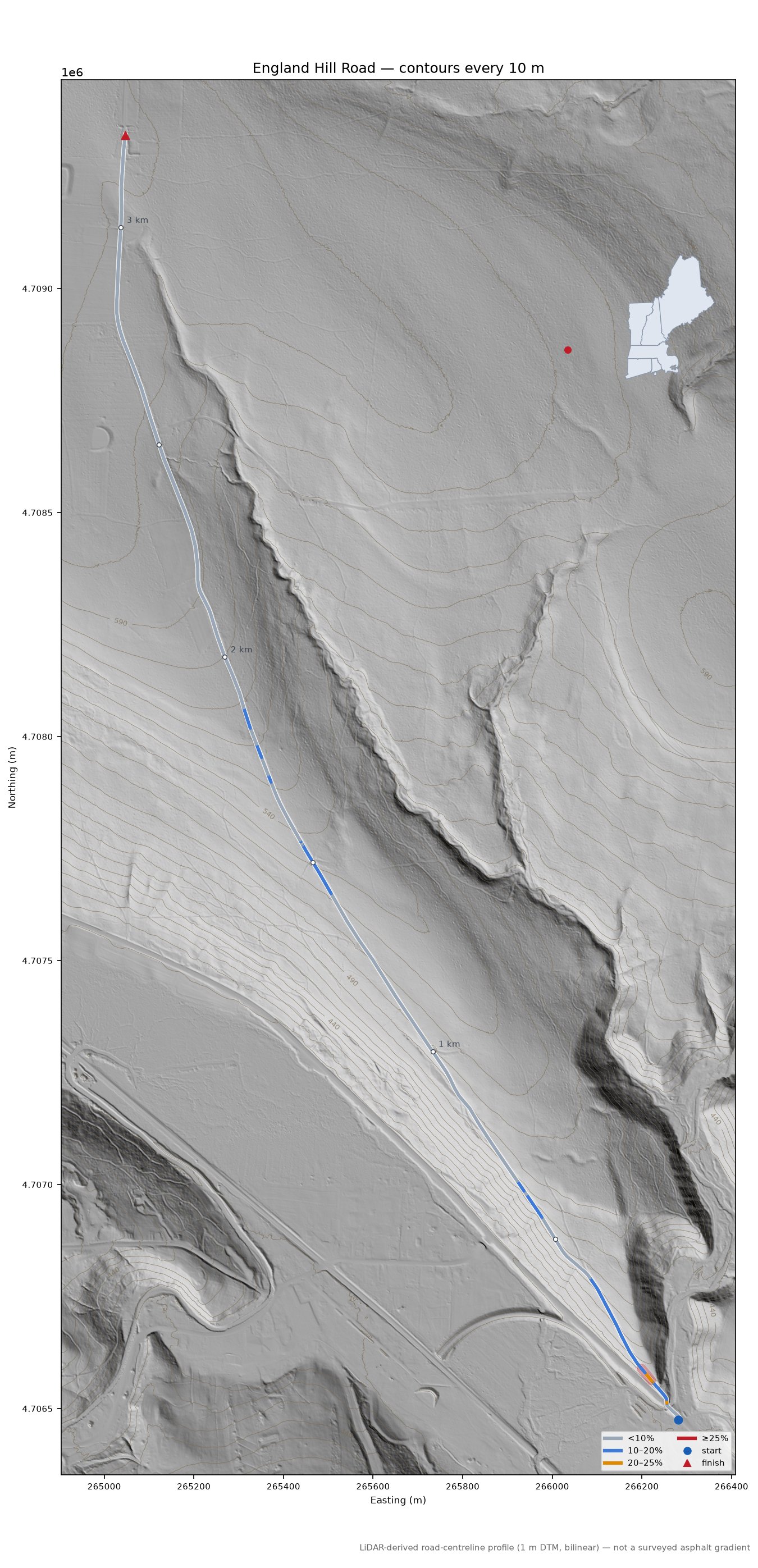 England Hill Road LiDAR hillshade map with contours