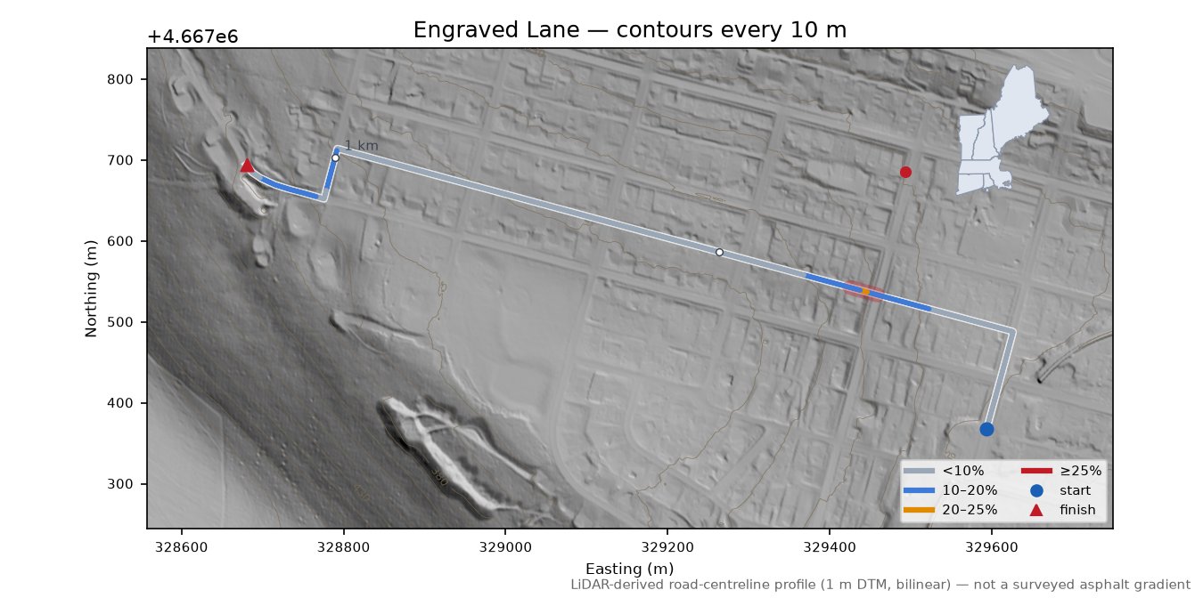 Engraved Lane LiDAR hillshade map with contours