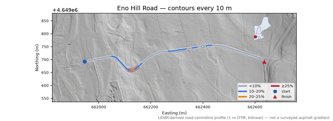 Eno Hill Road LiDAR hillshade map with contours