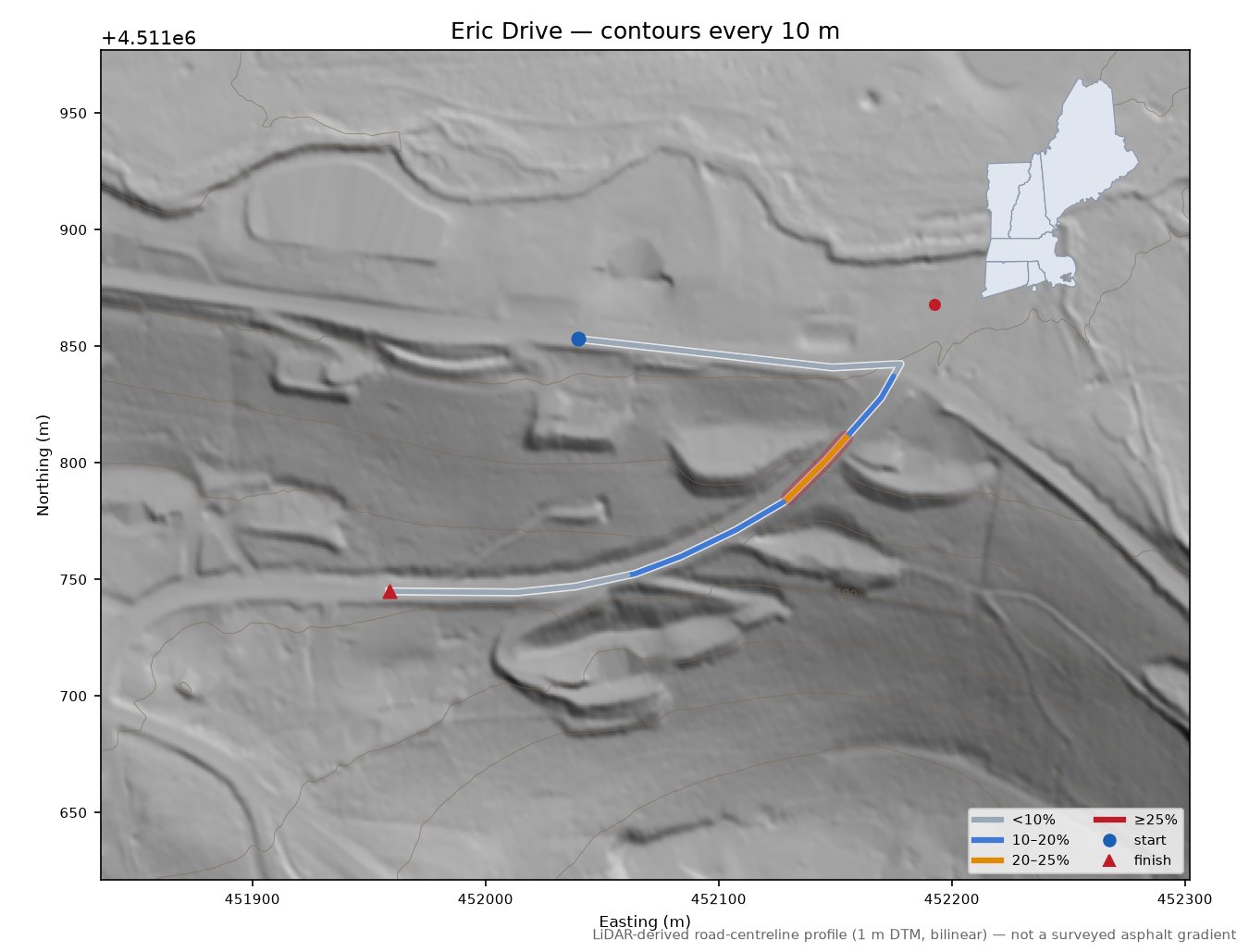 Eric Drive LiDAR hillshade map with contours